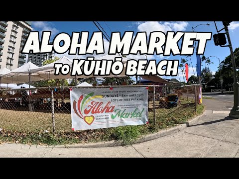 Mercado comunitário de domingo em Waikiki, do mercado Aloha até a praia de Kuhio Caminhada virtual Oahu Havaí