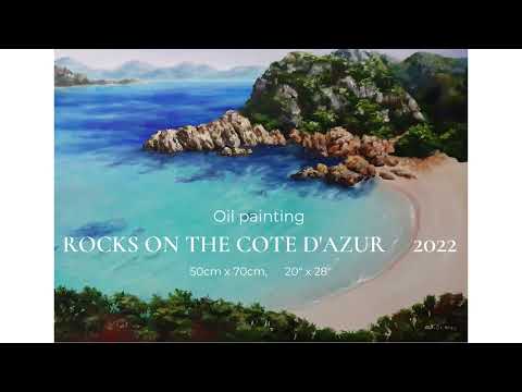 "Rocks on the Cote d'Azur", oil painting, canvas on a stretcher 50cm x 70cm, 20" x 28", The ends are painted in the color of the picture.