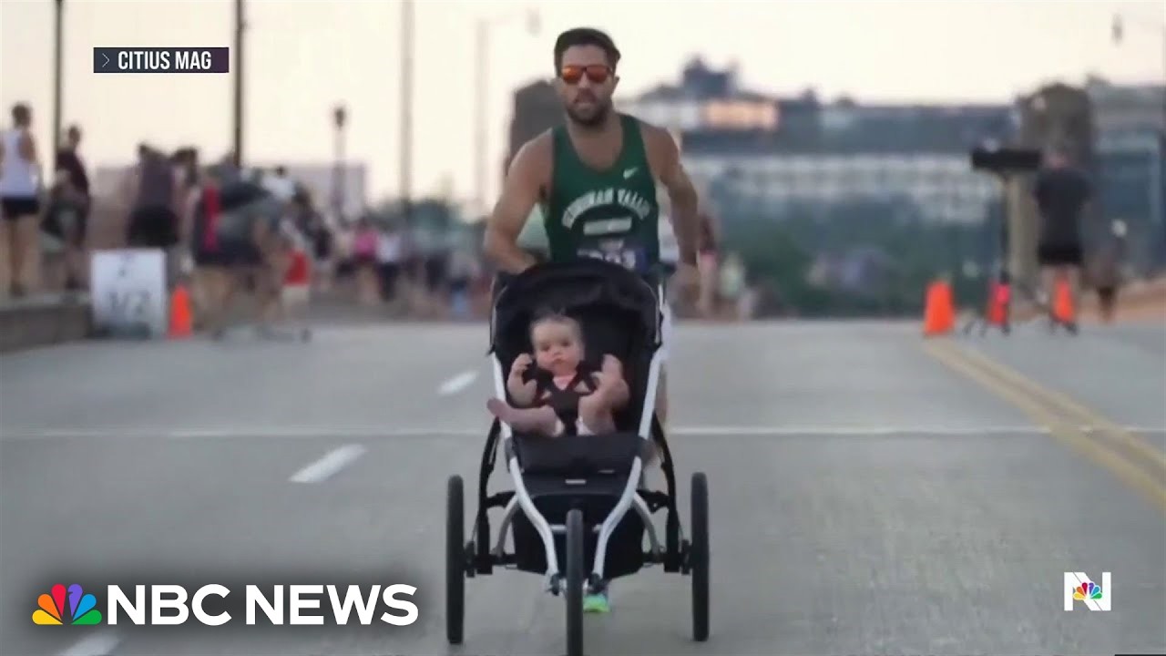 Video: Stephen Biebelhausen runs 4:17 mile pushing stroller at Cleveland Guardian Mile