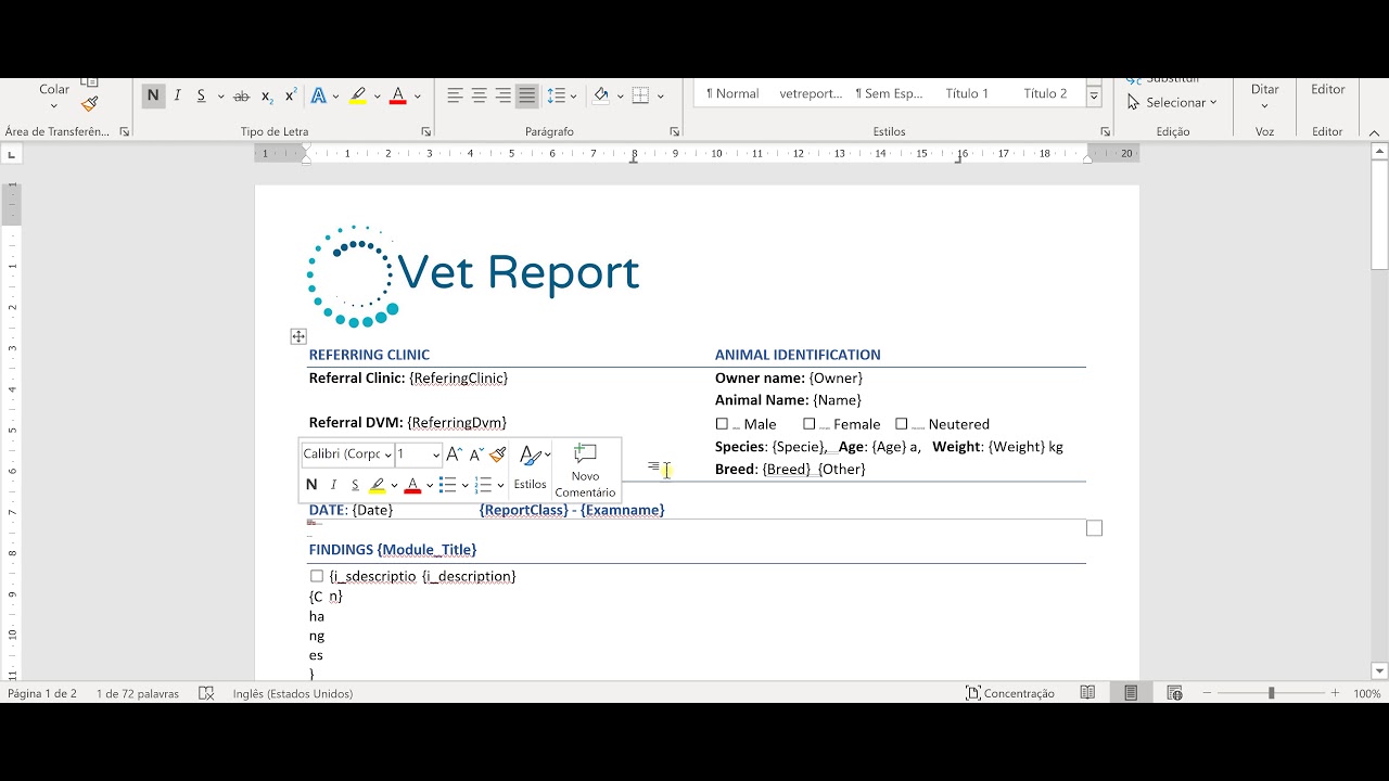 Vet Report - Report format, Word Templates