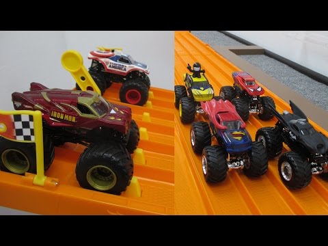 DHR Super Heroes Monster Jam Trucks Hot Wheels Super 6 Lane Downhill Racing by RaceGrooves