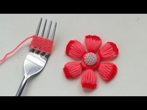 Super Easy Woolen Flower Making Trick using Fork | Easy Hand Embroidery Flower Tutorial