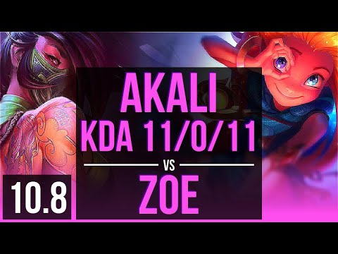 AKALI vs ZOE (MID) | KDA 11/0/11, Legendary | KR Master | v10.8