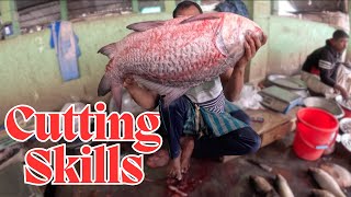 Very Big Catla Fish Cutting Skill in Fish Market (10KG Katla Fish Cutting)