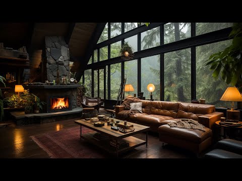 Jazz Relaxing Music - Rainy Day at Cozy House Inside Forest with Gentle Rain, Fireplace Sounds 🌧️🔥