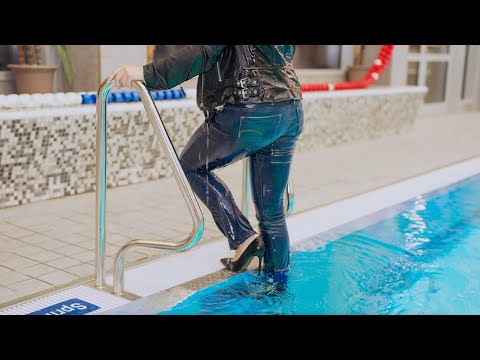 Pool swim in jeans and leather jacket