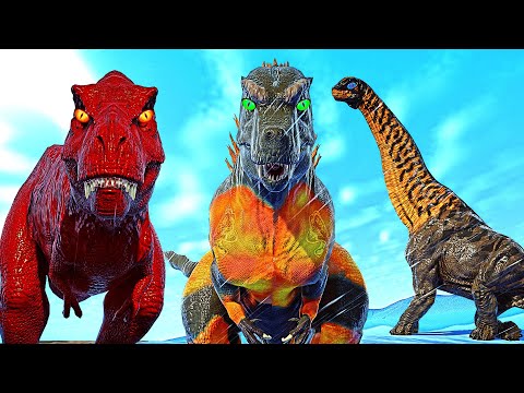 Jurassic World Evolution   Tyrannosaurus Rex Vs King Shark Vs Godzilla Skin Mods Dinosaurs Fighting
