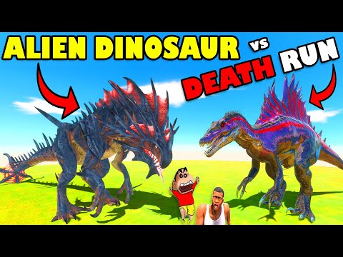 REAL ALIEN DINOSAUR vs ARK SPINOSAURUS and GODZILLA DEATH RUN SHINCHAN & CHOP in ARBS Dinosaur Game