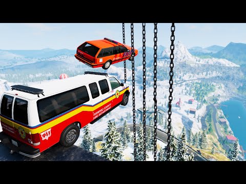 High Speed Jump From Alps Mountain Through Vertical Giant Chain - BeamNG drive Insane Jumps Testing