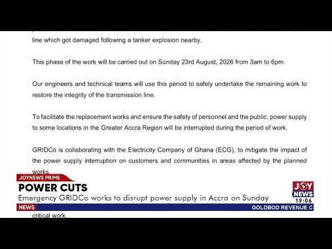 Power cuts: Emergency GRIDCo works to disrupt power supply in Accra on Sunday