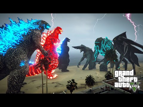 Godzilla, Heisei Godzilla and Shin Godzilla vs Muto, Leatherback and Knifehead - GTA V Mods
