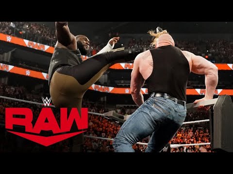 Omos hits a devastating kick on Brock Lesnar during a pre-WrestleMania brawl: Raw, March 27, 2023