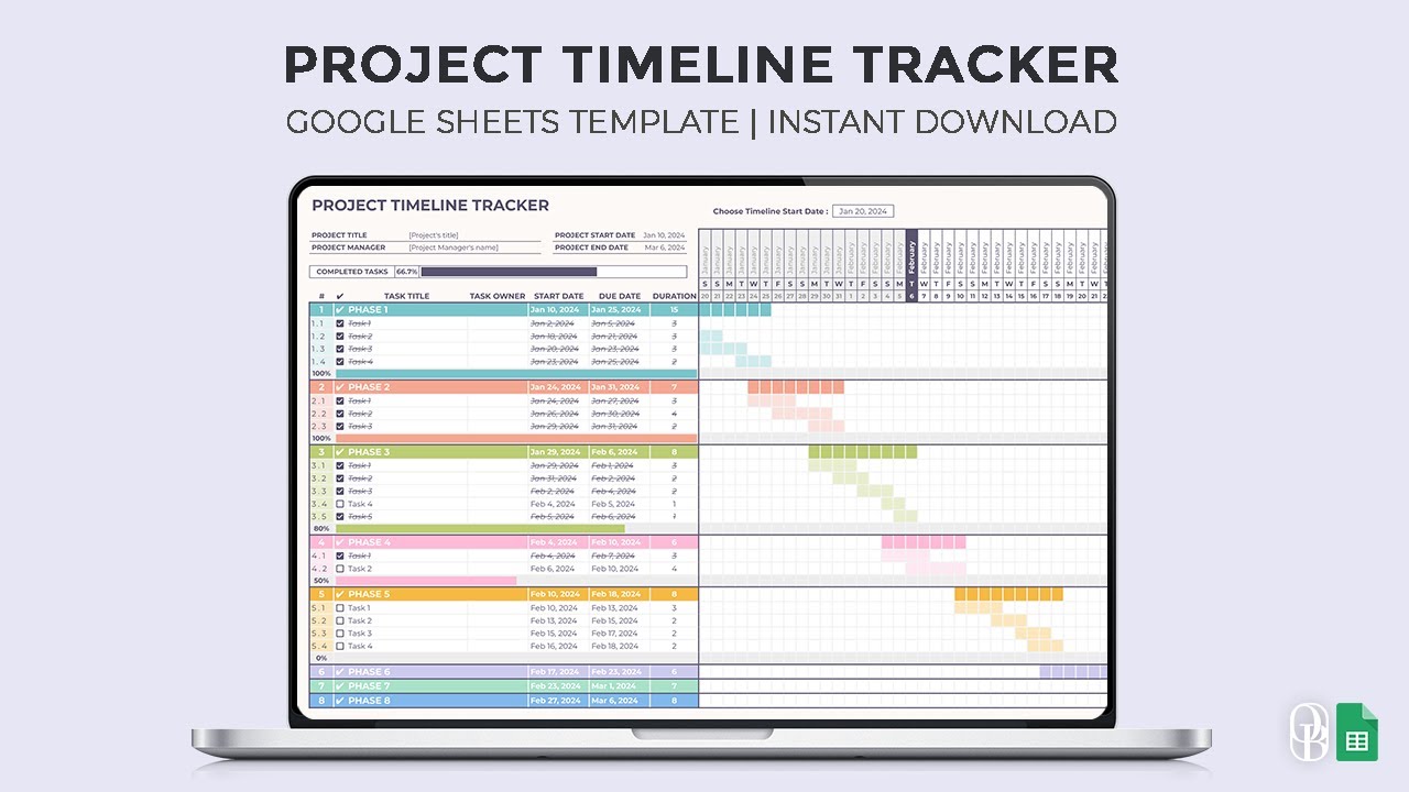 Project Timeline Tracker - Gantt Chart - Task Tracker - Excel and Google Sheets Template