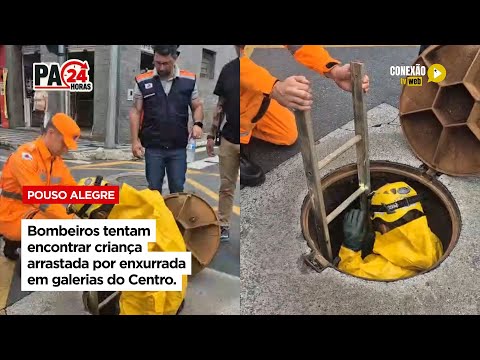Vídeo: Bombeiros tentam encontrar criança arrastada por enxurrada em galerias do Centro.