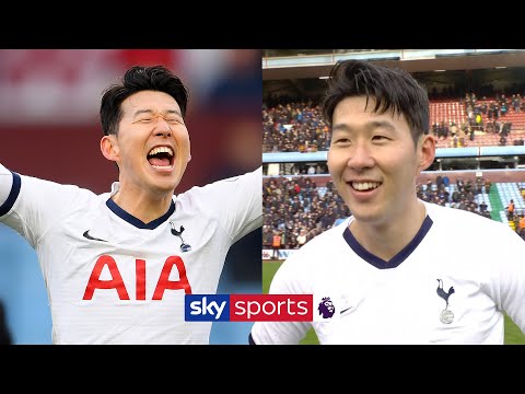 孫興民在熱刺對陣阿斯頓維拉的第94分鐘進球時的反應。 (Heung-Min Son reacts to scoring Spurs' 94th minute winner against Aston Villa)