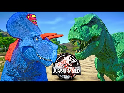 SUPERMAN Ultimasaurus vs HULK T-REX, FLASH, BATMAN Dinosaurs Fight 🌍 JURASSIC WORLD EVOLUTION