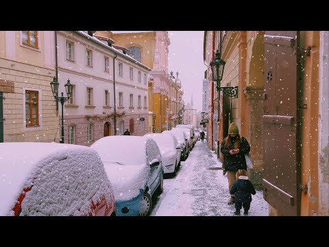 Snowfall in Prague ✨ Atmospheric Snow Walk 4K HDR - Historic Town Winter Ambience - Czech Republic