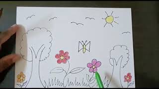 EASY DRAWING GARDEN SCENE , STEP BY STEP INSTRUCTIONS FOR TEACHING KIDS