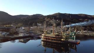 Hakone 箱根神社 amongst mountainous Mount Fuji Japan via Drone 4k