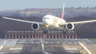 CROSSWIND LANDINGS DURING A STORM AT DÜSSELDORF - AIRBUS A380 GO AROUND, B767, B777 (4k)