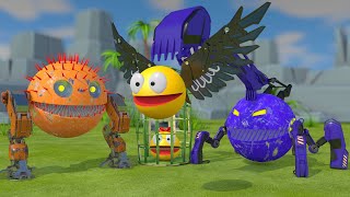 Pacman vs Blue Excavator Robot and Walking Combat Robot Monsters