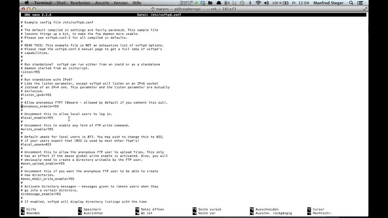 Manfred Steger's Video zur Installation eines FTP-Servers auf dem Raspberry Pi unter Raspbian OS