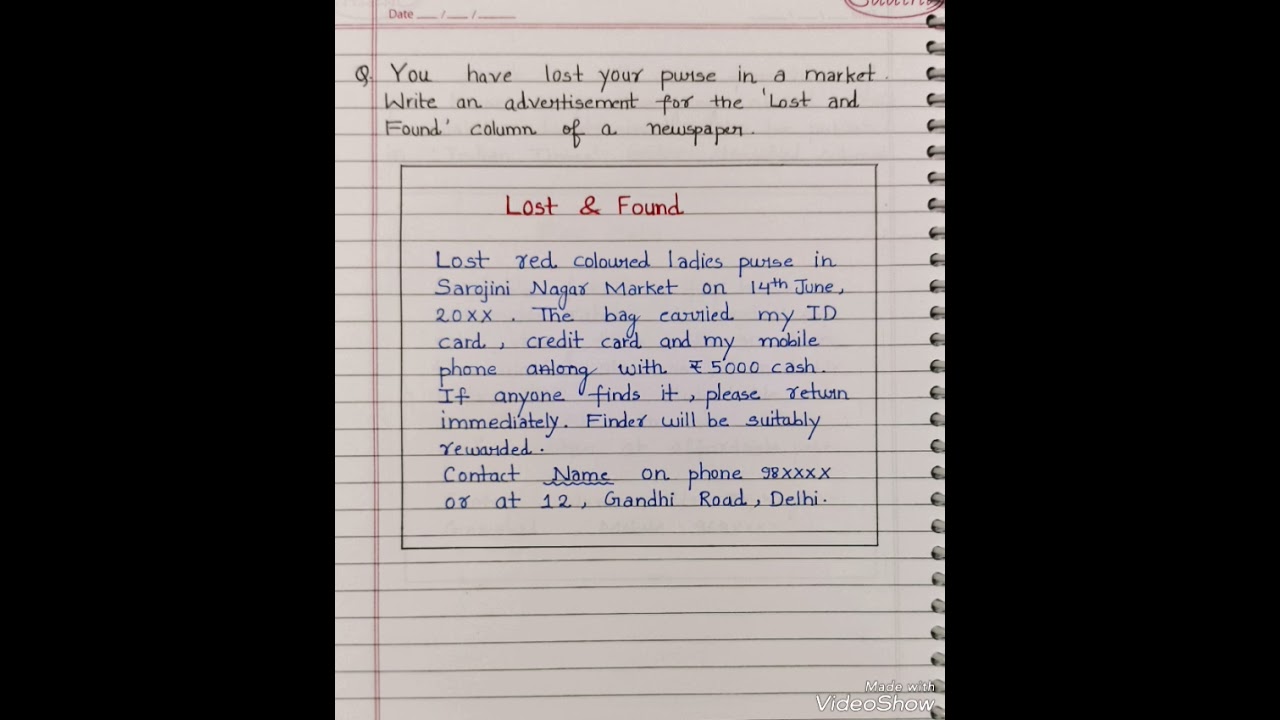 Advertisement Writing Lost and found l advertisement writing on lost purse