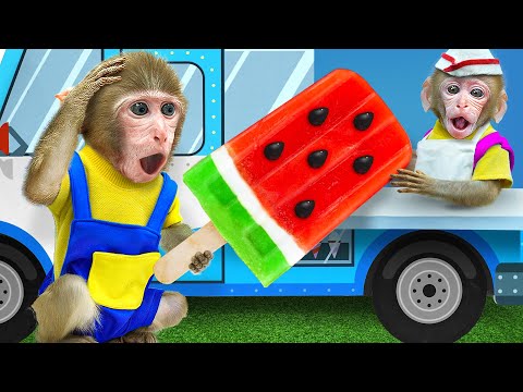 KiKi Monkey get tasty Giant Watermelon Popsicles Ice Cream & Coca Fanta Pepsi Jelly|KUDO ANIMAL KIKI