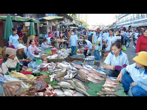 Phnom Penh Samhan Market Scene: Fish, Vegetables, Pork | Cambodia Lifestyle In Market
