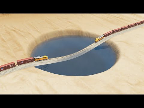 Impossible Water Pothole Rail Tracks Vs Trains Crossing Giant Pit - BeamNG.Drive