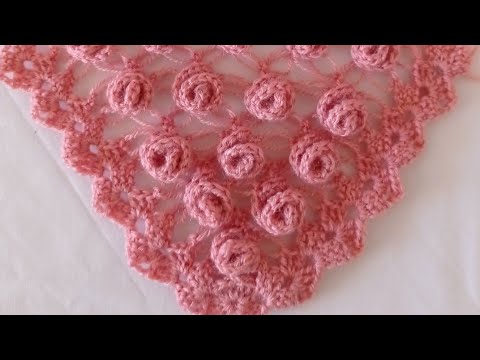 Crochet Triangle Shawl Knitting Pattern 3D Rose Bud\How To Crochet Triangle Shawl