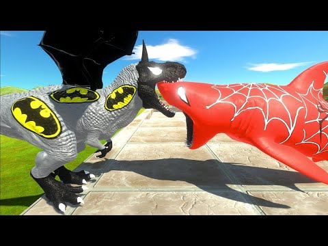 BATMAN T-REX vs SPIDERMAN MEGALODON ANCIENT DEATH RUN - Animal Revolt Battle Simulator