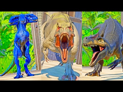 Albino T-REX vs I-REX vs Three Head INDORAPTOR vs New ALLOSAURUS Dinosaurs Fighting - Jurassic World