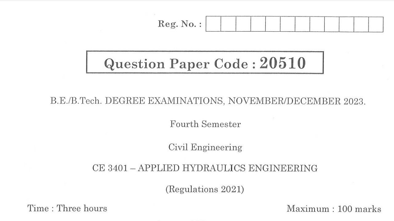 CE3401 | Applied Hydraulics Engineering | Nov Dec 2023 | Anna University | Questions
