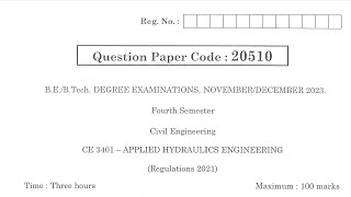 CE3401 | Applied Hydraulics Engineering | Nov Dec 2023 | Anna University | Questions