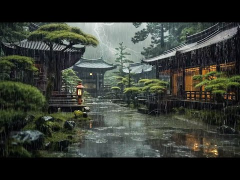 Rain on japanese zen garden | Fall into Sleep Immediately with Heavy Rain | Japanese rain garden