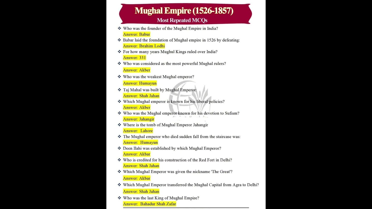 Mughal Empire (1526-1857) - Quiz Questions and Answers #shorts #fpsc #spsc #shortsvideo