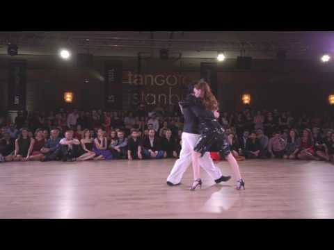  Panagiotis Karaboulas  and  Maria Mantziou  are  dancing  to  the  tango  "  A Mis Companeros  "  by  Osvaldo Pugliese  at  TanGO TO Istanbul  in  2017