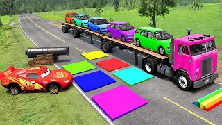 Flatbed Truck McQueen | Transportation with Truck - Pothole vs Car #120 | BeamNG.Drive Gameplay