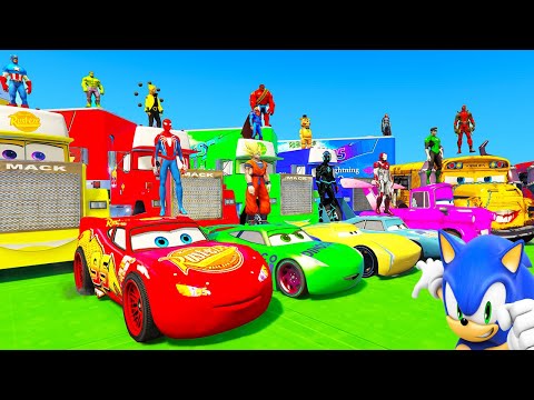 SPIDERMAN Vs HULK McQueen Friends CARS Mega SEA JUMP Challenge ! SUPERHERO Mack Truck Race  - GTA V