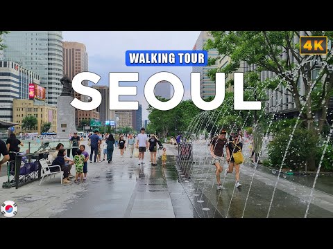 Caminhada de verão em Seul Caminhada de 1 hora pela cidade de Seul, da Praça Gwanghwamun até a Estação de Seul | Viagem virtual [4K UHD]