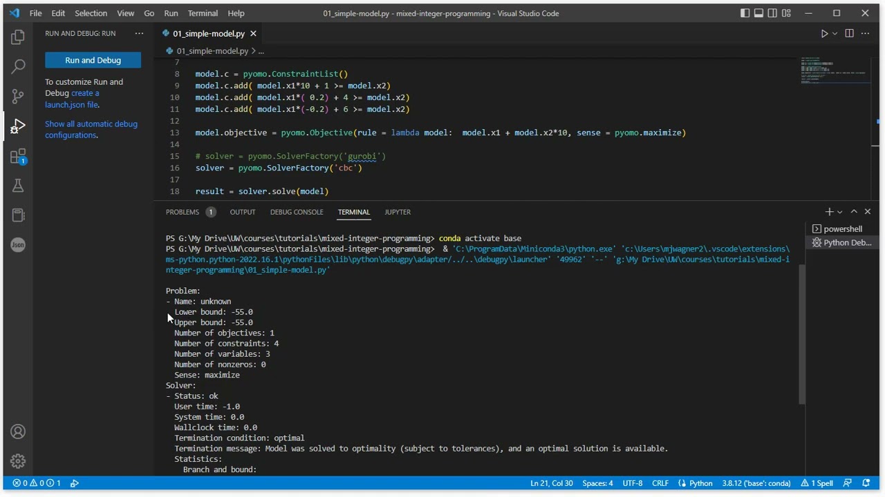 4.2: Solving problems using Pyomo - simple example (concluded)