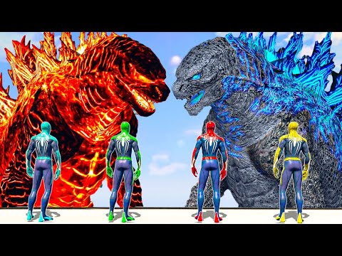 Team Spiderman PS4 vs Godzilla Fire & Godzilla Ice - What If