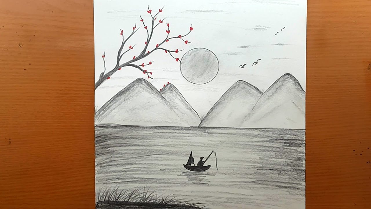 desenhar uma pintura de paisagem com carvão - Desenhos a lápis - Como desenhar uma paisagem fácil