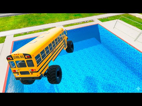 School Bus Down In Swimming Pools – Insane BeamNG Drive BMG Crash You Must See