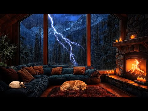 Fall Asleep Instantly: Heavy Thunderstorm & Warm Fireplace in a Mountain Cabin