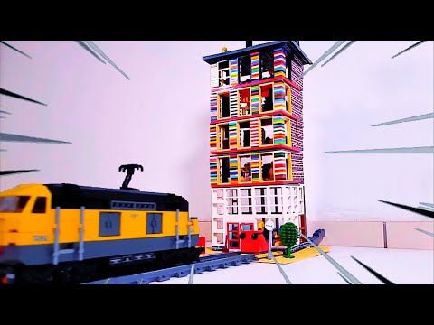 Satisfying Destruction - Lego train crash into tall house