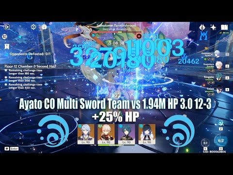 Ayato C0 Multi Sword Team vs 1.94M HP 12-3 Jadeplume Terrorshorm - New 2 Hydro Effects Show