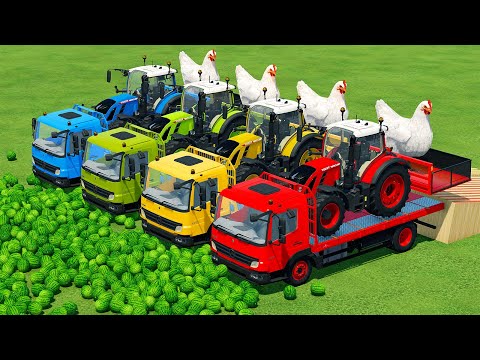 TRANSPORT GIANT CHICKENS & LOAD WATERMELONS WITH JOHN DEERE TRACTORS - Farming Simulator 22