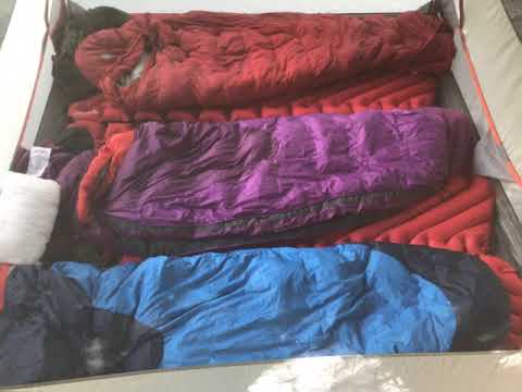 Marmot Limelight 4P tent, Klymit Deluxe Sleeping Pads, Kelty Cosmic 20 Dridown bags...Dry backcountry comfort